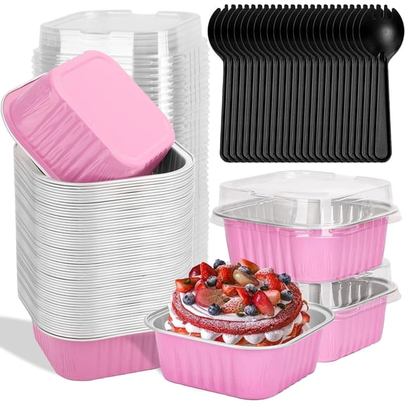 60 Pack 10oz Mini Disposable Cake Pans with Lids, Aluminum Foil Square Baking Cups, 4.4x4.4 Large Baking Cake Tins Cup Cake Containers with Lids for Thanksgiving Individual Cakes