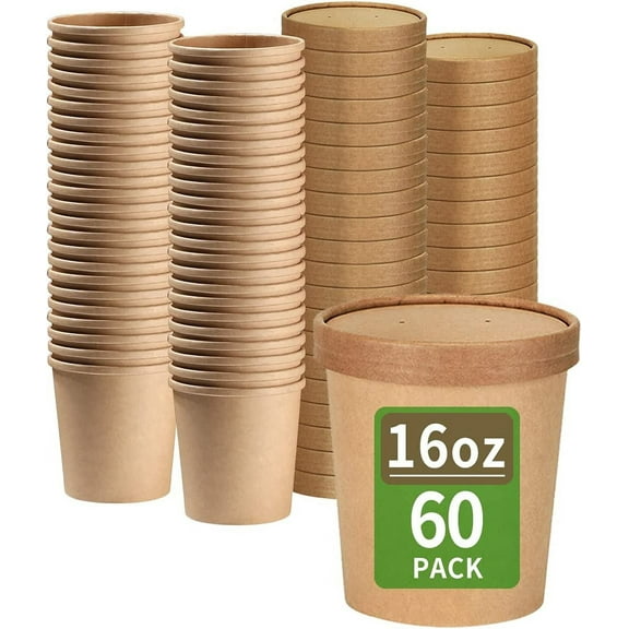 60 Pack 16 oz Disposable Paper Food Containers with Lids, Soup Containers, Freezer-Safe Pint Cups, Ice Cream Containers, Microwavable and Leakproof Food Storage Cups