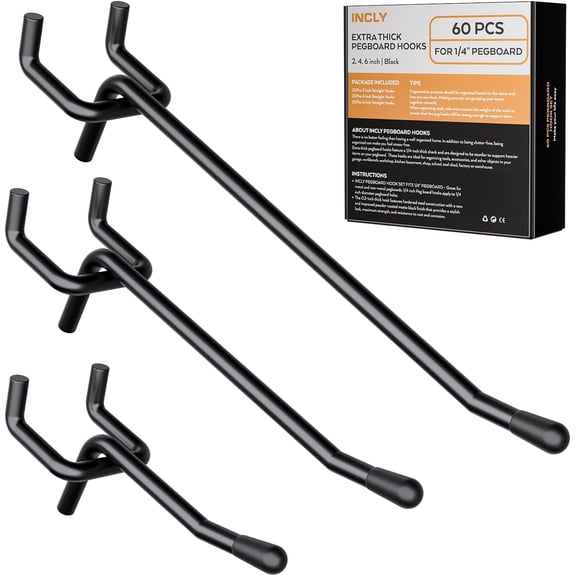 60 Pack 2/4/6 Inch Black Pegboard Hooks, 1/4" Heavy Duty Peg Board Shelving Hooks Accessories, Peg Board Tool Hangers Fit for 1/4" Pegboard Hanging Tools Garage, Craft Organizing, Kitchen, Store