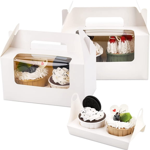 60 Pack 2 Count White Paper Cupcake Boxes with Insert, Handle and Window, Portable Cupcake Muffin Containers, Gable Bakery Gift Boxes Party Favor Treat Boxes for Wedding Birthday Father's Day