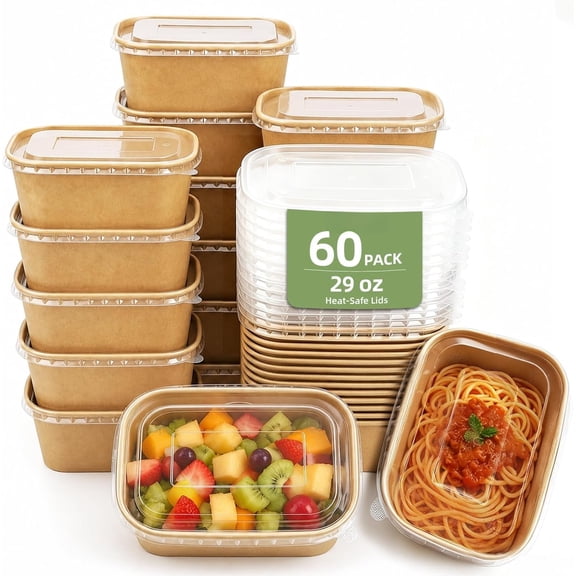 60 Pack 29OZ Disposable Meal Prep Containers with , Disposable  Paper Bowls with , Heat-Safe & Water-Proof
