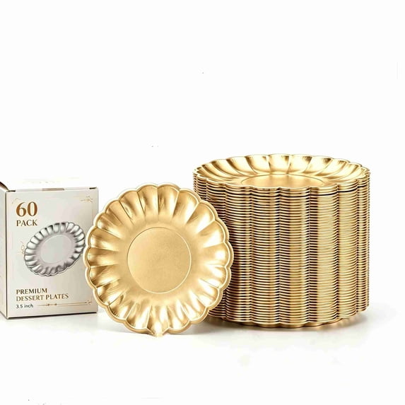 60 Pack 3.5 Inch Mini Aluminum Foil Dessert Plates, Scalloped Disposable Small Cupcake Plates for Party Wedding Pastry Serving, Gold