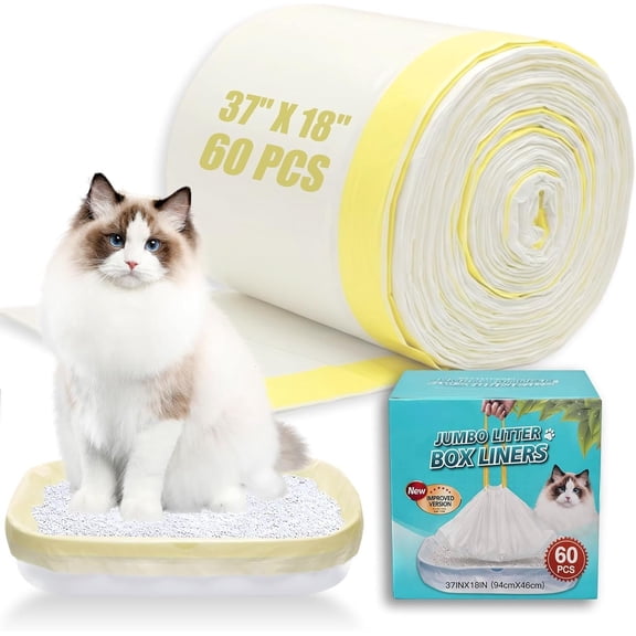 60 Pack 37"x18" litter box liners - No-, Easy-Pull 3MIL Leakproof Litter Box Liners, Heavy Duty Drawstring, Boxed Packaging, Odor Control Kitty Litter Bags with Adjustable Elastic Band