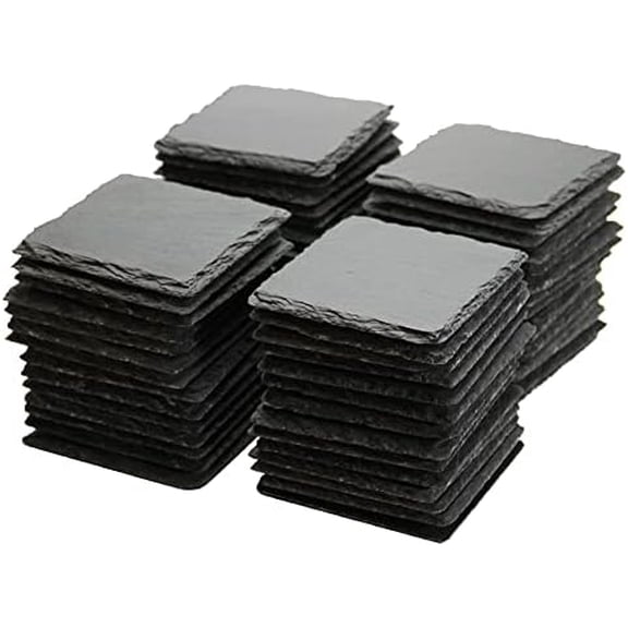 60 Pack 4 x 4 Inch Gorgeous Black Slate Stone Coasters Bulk Square Slate Stone Cup Coaster for Drink Bar Kitchen Home, Handmade Natural Rough Edge, Set of 60