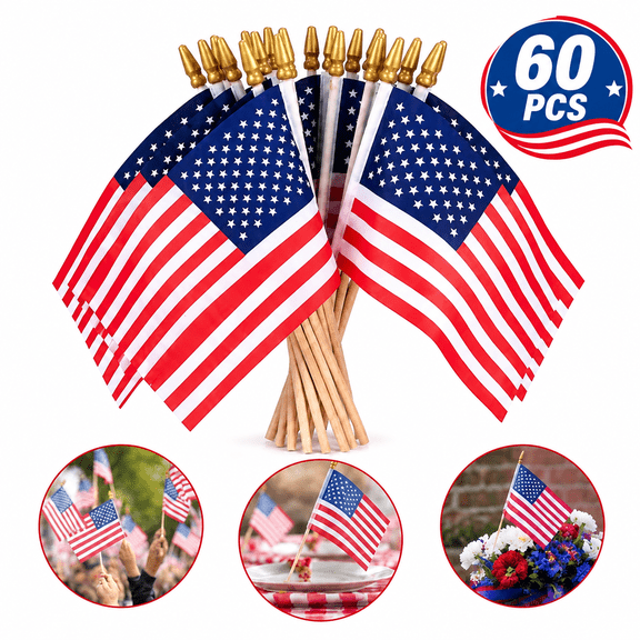 60 Pack 4x6 Inch American Flags on Stick, Mini Hand Held US Flags, Patriotic Decorations for Outside