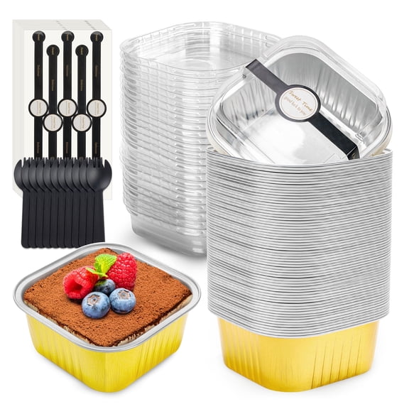 60-Pack 5OZ Square Mini Cake Pans with Lids, Gold Aluminum Pie Tins & Flan Containers for Baking, Wedding, Birthday Party Gifts