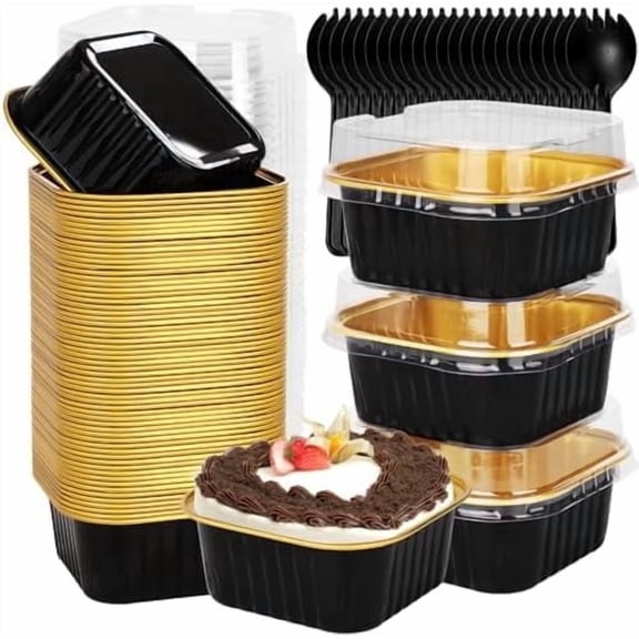 60 Pack 5oz Mini Disposable Cake Pans with Lids, Aluminum Foil Square Baking Cups, 3.5x3.5 Small Baking Cake Tins Cup Cake Containers with Lids for Individual Cakes, Black