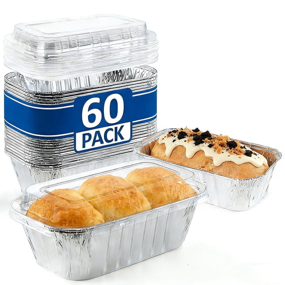 60 Pack 6"x3.5"x2" Disposable Aluminum Loaf Pans With Chear Lids  1 Lb Mini Foil & Food Containers Small Tin Baking Pan For Cakes Bread Meat Loaves