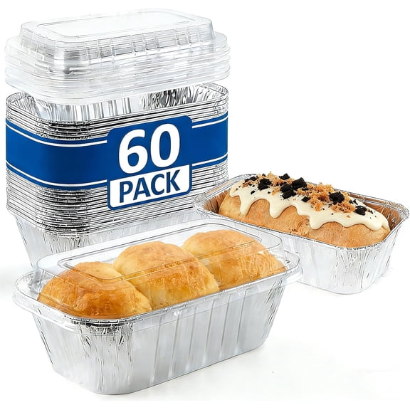 60 Pack 6"x3.5"x2" Disposable Aluminum Loaf Pans with Chear Lids 1 lb Mini Foil & Food Containers Small Tin Baking Pan for Cakes Bread Meat Loaves