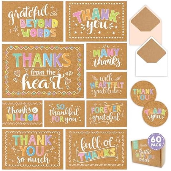 60 Pack 6x4in Rustic Bulk Thank You Cards with Envelopes & Stickers, 10 Folded Kraft & Pastel Designs for Grateful Family, Loved Ones, Blank Inside, Birthdays, Teachers Appreciation$$Office