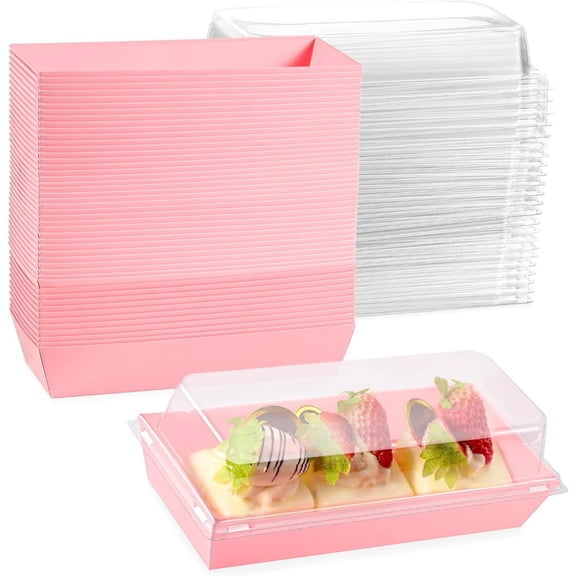 60 Pack 7.5x3.3 Inch Small Clear Treat Boxes Dessert Boxes To Go, Disposable Paper Mini Containers for Cookie, Cake Slice, Charcuterie, Bakery, Pastry, Strawberry, or Baked Goods (Pink)
