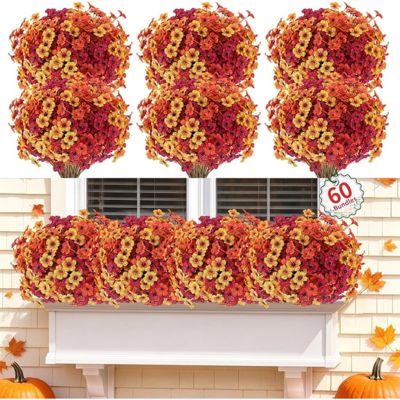 60 Pack Artificial Flowers for Outdoor Indoor Fake Plants(Autumn Mixed) | Faux Silk Flowers for Outdoors Outside Front Porch Hanging Planter Window Box Garden Autumn Decoration