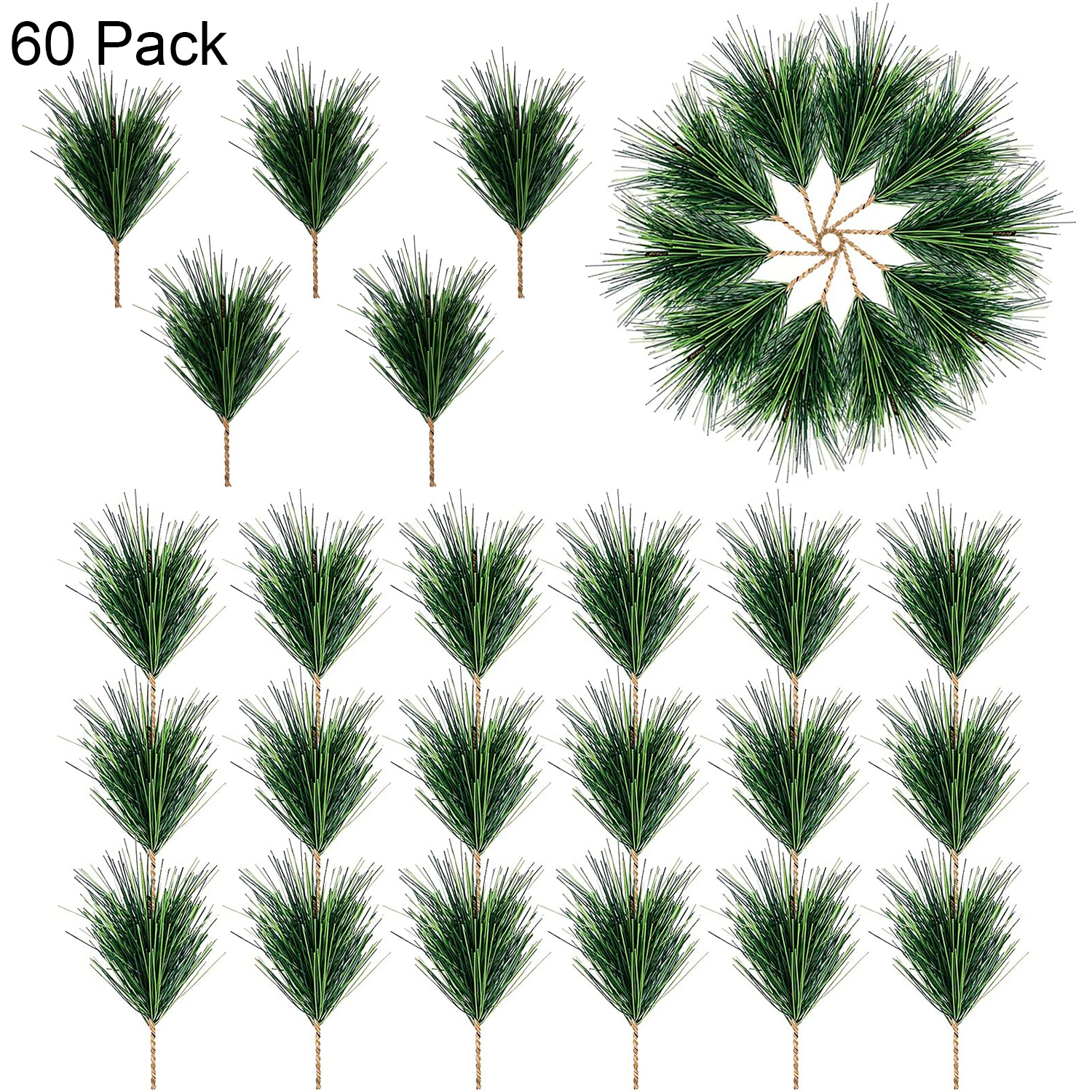 60 Pack Artificial Pine Needles Branches Small Pine Twigs Stems Picks