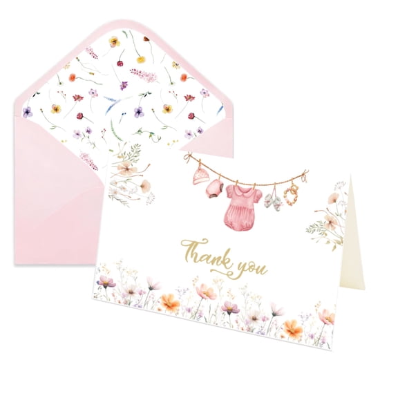 60 Pack Baby Shower Thank You Cards, Blank Cards bulk with Envelopes & Stickers for Baby Shower Birthday, Pink Clothes Cards, 4 x 6 inches