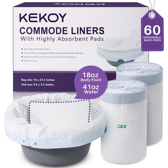Kekoy Commode Liners with Absorbent Pads 60 Pack, Bedside Commode Liners, Unscented Commode Bags, Disposable Potty Liners Universal Fit for Home & Hospital