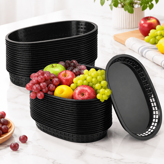 60 Pack Black Fast Food Baskets 10.6 X 6.7 Inch Oval Plastic For Burgers Fries Sandwiches Hot Dogs Barbecues Picnics Parties Dura