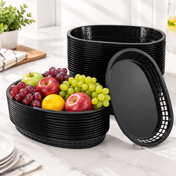 60 Pack Black Fast Food Baskets 10.6 X 6.7 Inch Oval Plastic For Burgers Fries Sandwiches Hot Dogs Barbecues Picnics Parties Dura