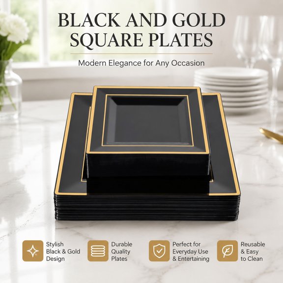 60 Pack Black Square Plastic Plates with Gold Rim, 30 Disposable 9.5 Inch Dinner Plates & 30 6.5 Inch Dessert Plates for Weddings, Birthdays, Graduations