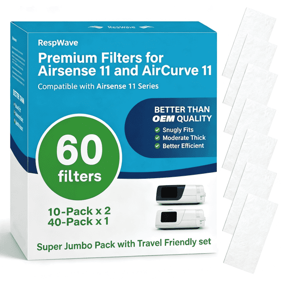 60-Pack CPAP Filters for AirSense 11 & AirCurve 11, Replacement CPAP Filters with Extra Thick, High Filtration, Travel Ready Supply Pack