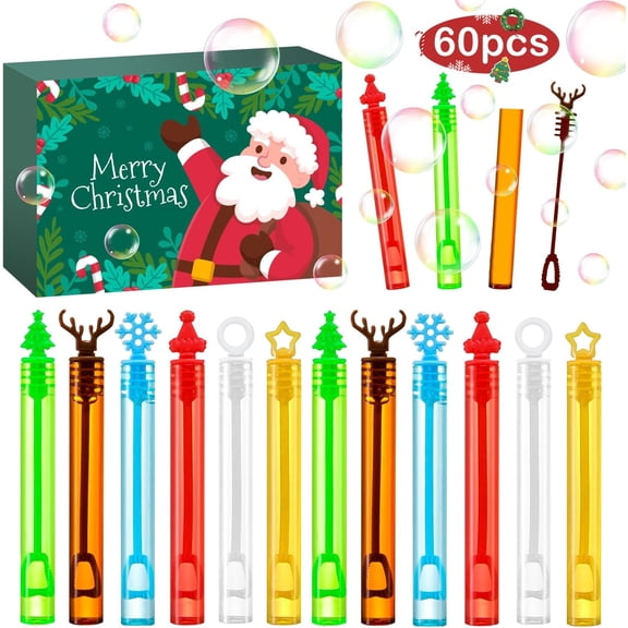 60 Pack Christmas Mini Bubble Wands, Assorted Holiday Party Favors for Kids, Goodie Bags, Stockings, Pinatas, Classroom Prizes and Carnival Gifts