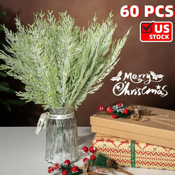 60 Pack Christmas Snow Frosted Pine Branches- 13.78" Snowy Artificial Pine Needles Branches Twigs- Greenery Ceder Sprigs Pine Picks Stems for Christmas Wreath Home Garden Decoration