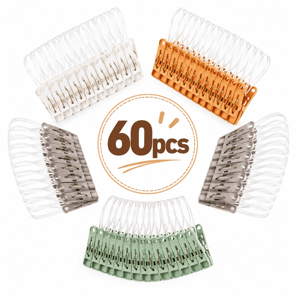 60 Pack Plastic Clothes Pins with Rope & Metal Ring, Multicolor Windproof Laundry Clips, Heavy Duty Clothespins for Clothesline Drying, Socks, Towels and Household Use