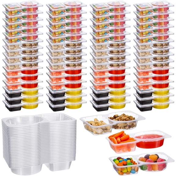 60-Pack Disposable 2-Compartment Snack Containers with Lids - Clear Plastic Grab-and-Go Snack Boxes for Salsa, Dips, Party Favors & Catering
