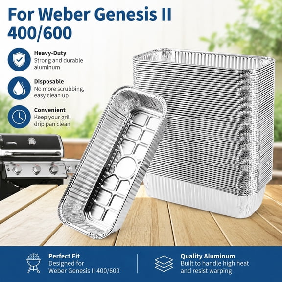 60 Pack Disposable Grill Drip Pans Foil Liners for Gas Grills, 11 x 5 Inch BBQ Drip Tray Replacement, Heat Resistant and Stackable for Easy Storage