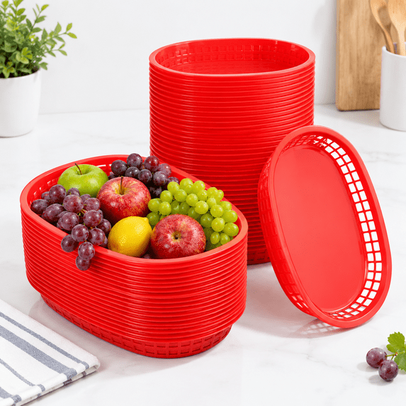 60 Pack Fast Food Baskets 10.6 X6. 7 Inch Versatile Red Plastic Service ...