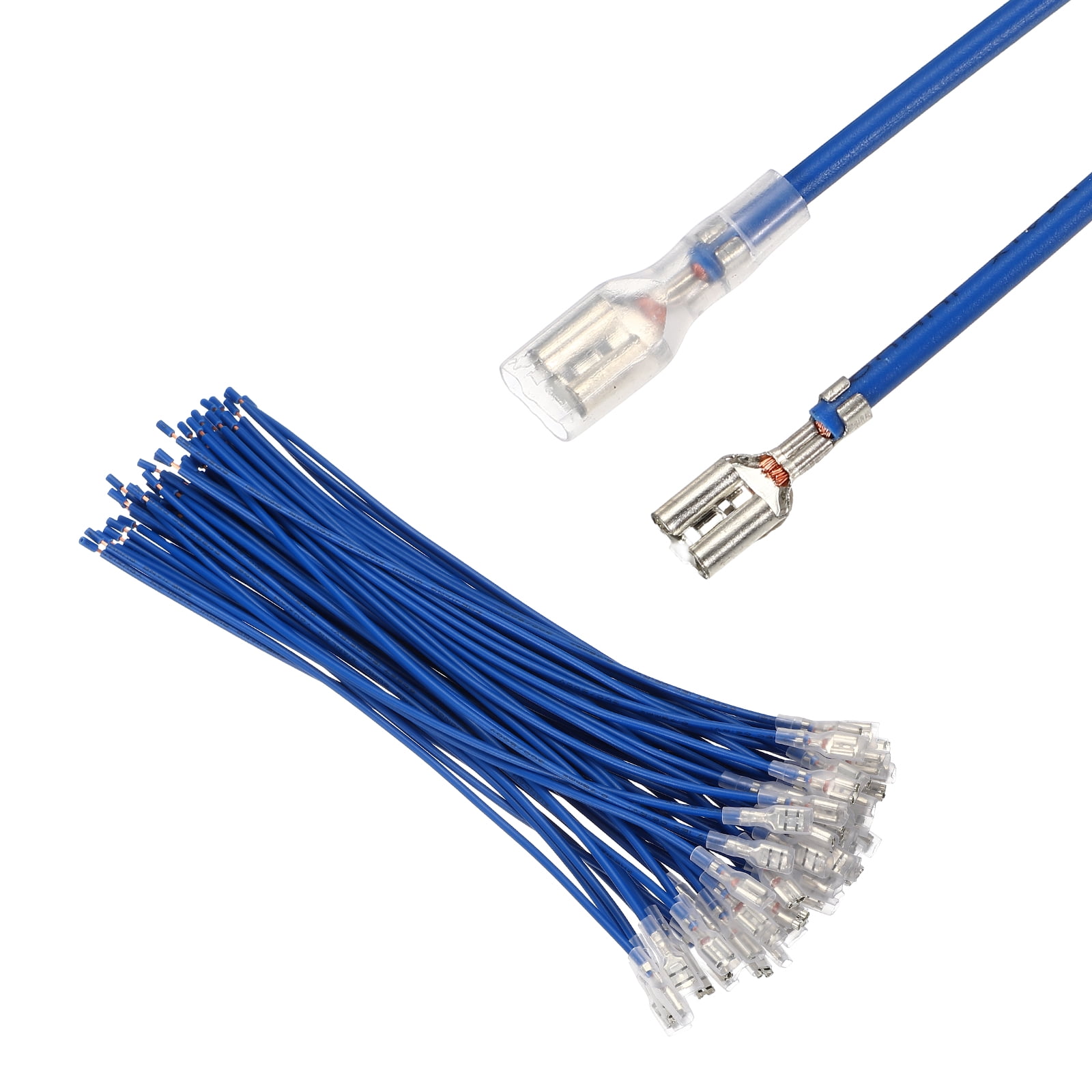 60 Pack Female Spade Crimp Terminal with Insulating Sleeve 4.8mm, Female Spade Quick Connector Assortment Kit with 20cm Wires, Flame Retardant Cover, Blue