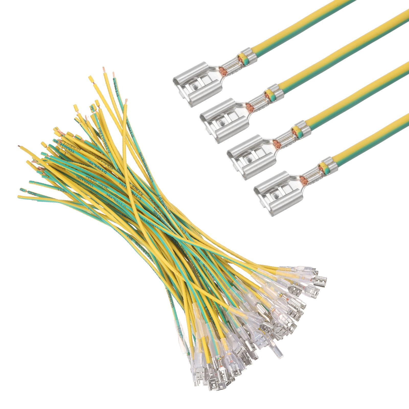 60 Pack Female Spade Crimp Terminal with Insulating Sleeve 6.30mm, Female Spade Quick Connector Assortment Kit with 20cm Wires, Flame Retardant Cover, Yellow/Green