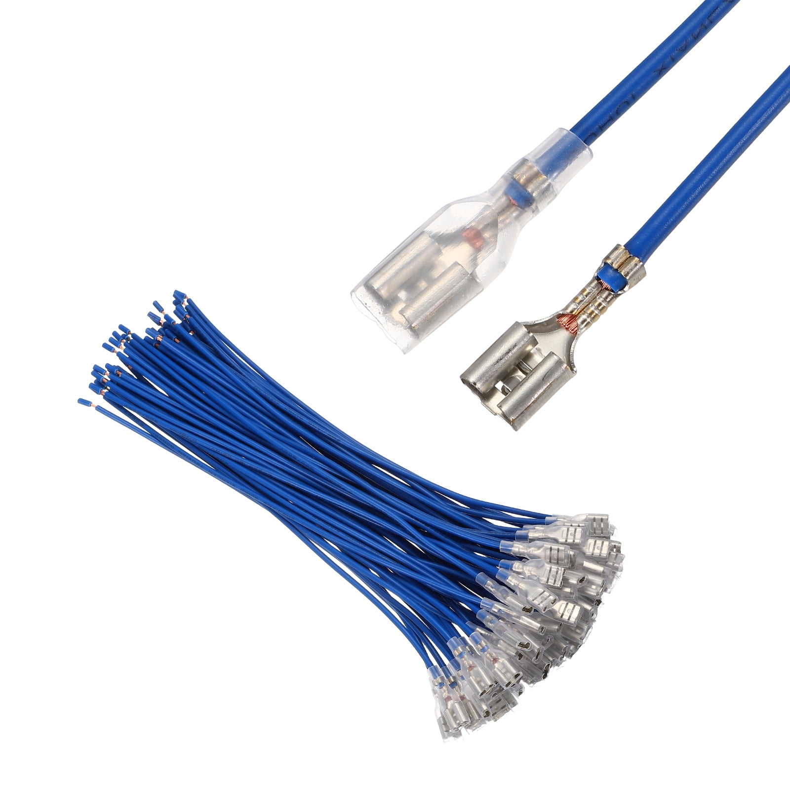60 Pack Female Spade Crimp Terminal with Insulating Sleeve 6.3mm, Female Spade Quick Connector Assortment Kit with 20cm Wires, Flame Retardant Cover, Blue