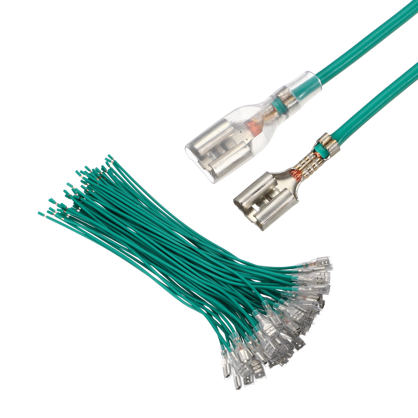 60 Pack Female Spade Crimp Terminal with Insulating Sleeve 6.3mm, Female Spade Quick Connector Assortment Kit with 20cm Wires, Flame Retardant Cover, Green