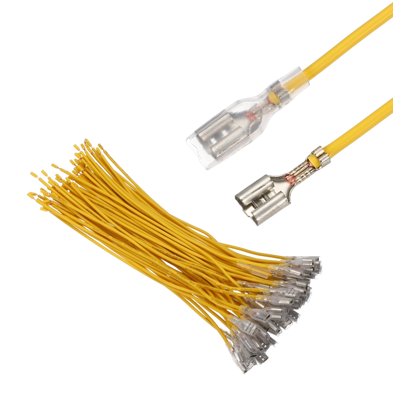 60 Pack Female Spade Crimp Terminal with Insulating Sleeve 6.3mm, Female Spade Quick Connector Assortment Kit with 20cm Wires, Flame Retardant Cover, Yellow