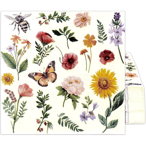 60 Pack Floral Paper Napkins, Colorful Wildflower Disposable Napkins for Baby Shower, Tea Party, Garden Party, Birthday, and Dinner - 6.7" Fancy Napkins