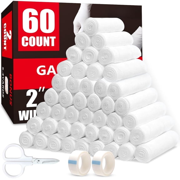 60 Pack Gauze Rolls, 2 in x 4.1 Yards, Individually Wrapped Breathable Rolled Gauze, Premium First Aid Supplies & Medical Supplies for Wounds, Bandage Wrap Vet Wrap, Mummy Wraps