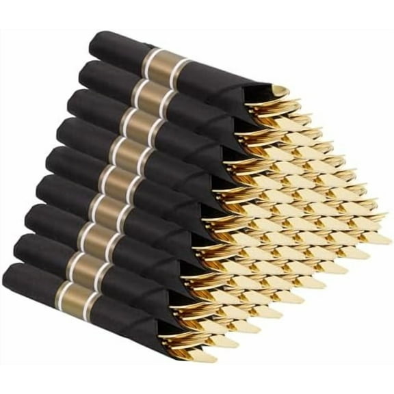 60 Pack Gold Silverware, Rolled, Pre Wrapped with Black Napkins, Heavy Duty Plastic Cutlery, Forks and Spoons