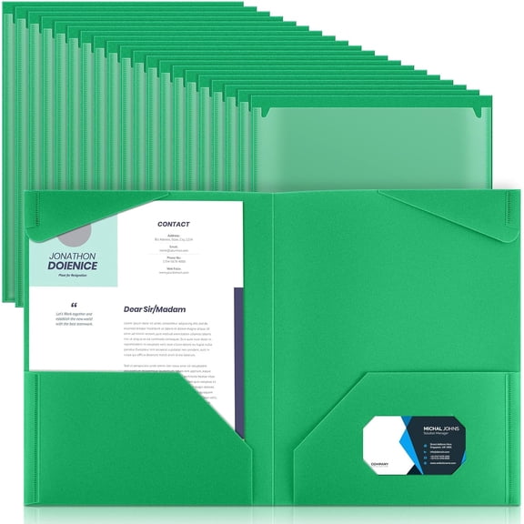 60 Pack Green Plastic File Folders with Clear Front Pocket, 2 Interior Pockets and Card Slot, Heavy Duty Polypropylene, 11.61 x 9.65 Inches
