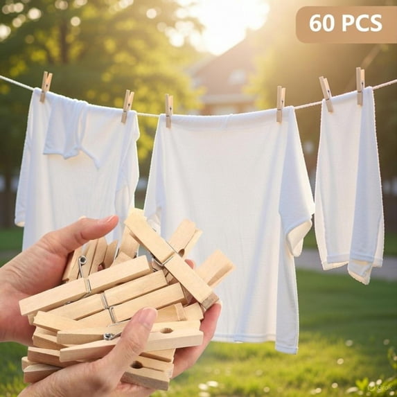 60 Pack Heavy Duty Clothespins - 2.9" Extra Long Natural Birchwood Clothes Pins with Storage Bag, Rustproof & Moisture Resistant Wooden Clips for Laundry, Crafts, Photos - Durable Indoor/Outdoor Use