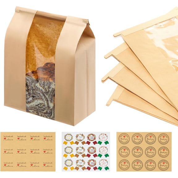 60 Pack Large Kraft Paper Bread Loaf Bag with Tin Tie Tab Lock for Homemade Bread Loaf Bags 14" x 8.3" x 3.5"Sourdough Bread Bags with Clear Front Window for Baked Food Packaging Storage. (60)