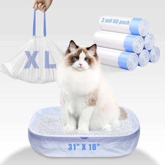 60 Pack Large litter box liners - 3MIL Extra Thick Leakproof Litter Box Liners, 31"x18" Heavy Duty Drawstring Litter Liners, Odor Control Disposable Kitty Litter Bags 6 Roll