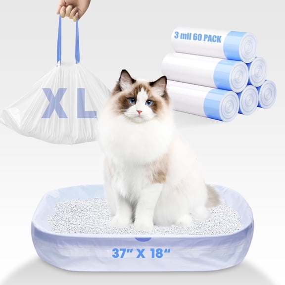 60 Pack Litter Bags - 3MIL Extra Thick Leakproof Litter Box Liners, 37"x18" Heavy Duty Drawstring Litter Liners for Automatic Litter Box, Odor Control Disposable Kitty Litter Bags 6 Roll
