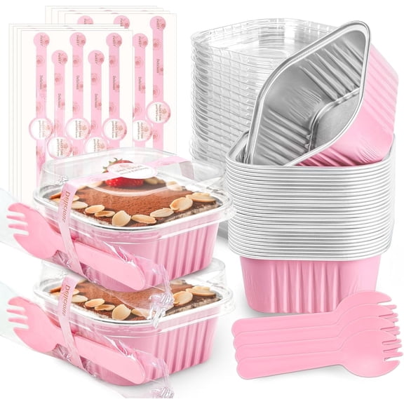 60 Pack Mini Cake Pans with Lids, Disposable Aluminum Pans for Pudding, Souffle, Party, Wedding(Pink, 5 oz)