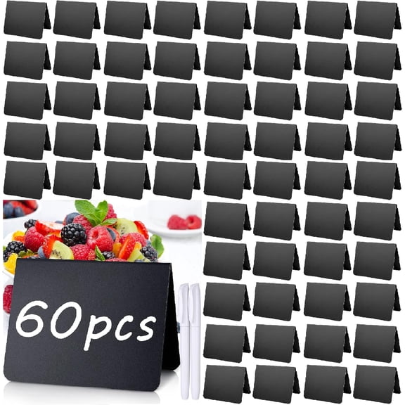 60 Pack Mini Chalkboard Signs for Food 4 x 3 Inches Tabletop Chalk Sign Small Food Display Labels with 2 Erasable Marker Pens for Classroom Party Dessert Shop$$Office