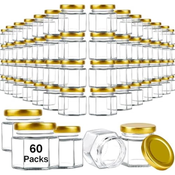 60 Pack Mini Glass Honey Jars, 2 oz Small Spice Jar, Hexagon Glass Jars with Gold Lids, Small Containers with Airtight Lids, Canning Jar for Gifts, Wedding Party Favors, DIY Crafts