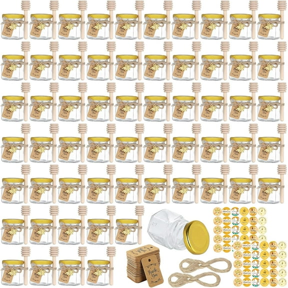60 Pack Mini Honey Jars/Pot Metal Lids,1.5 oz Glass,Wooden Dippers,Bee Charms,Jutes,Stickers,Small,Tiny, Baby Shower Wedding Party Favors