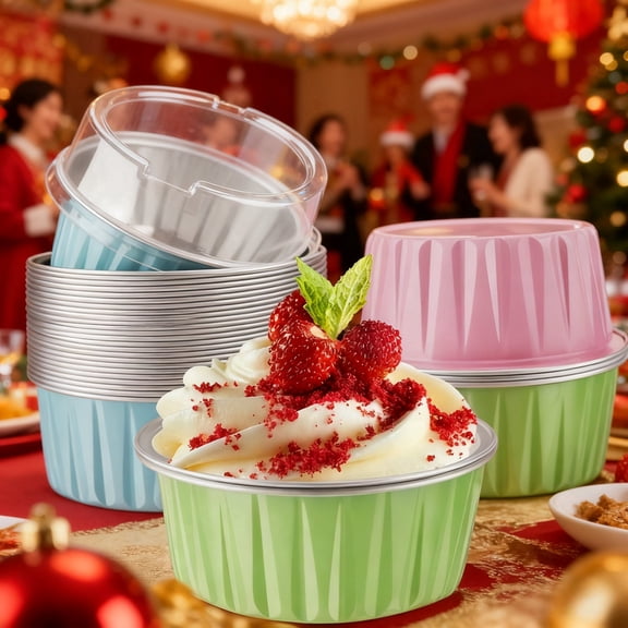 60 Pack Mixed Color Disposable Ramekins with Lids, 5 oz Mini Aluminum Foil Baking Cups Creme Brulee Cupcake Liners, Dessert Cheesecake Pans Flan Molds Tin Cups Containers for Parties
