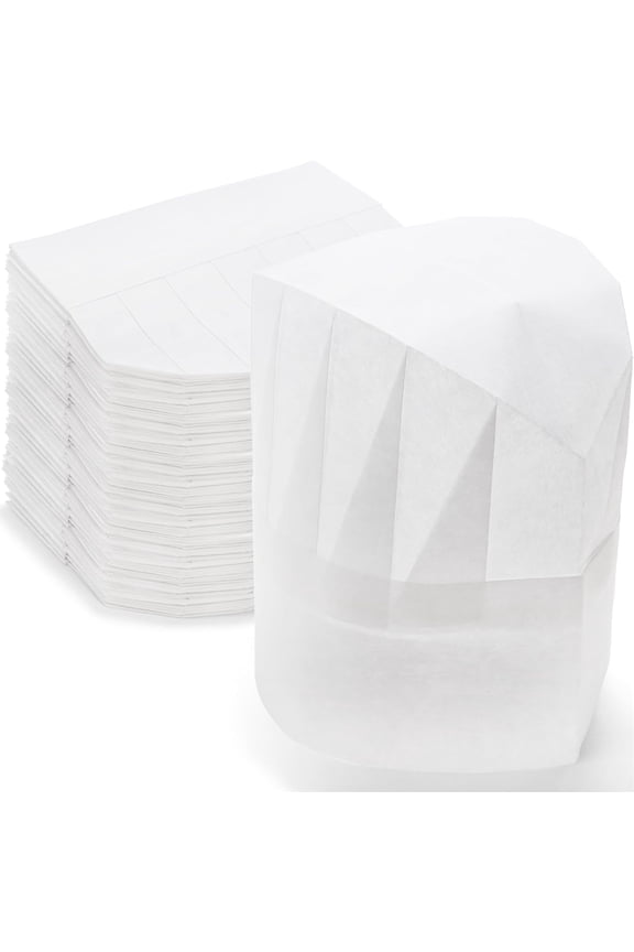 60 Pack Paper Chef Hats, 8 Inch White Tall Adjustable Non Woven Hat, Disposable Top Toques Caps for Baker, Adult, Cooking, Kitchen -