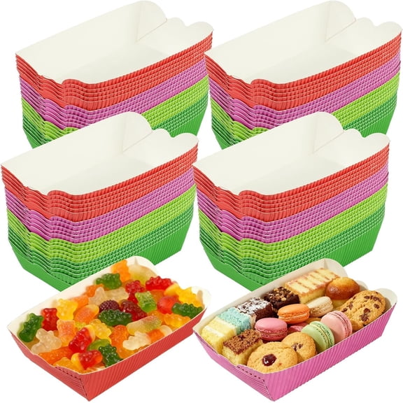 60 Pack Paper Food Trays, 2lb Pack Disposable Serving Trays, Disposable Paper Boat Plates Containers, Colorful Food Holder Trays for French Fries Nachos Snack Hot Dog Taco BBQ Popcorn (60 Pack)