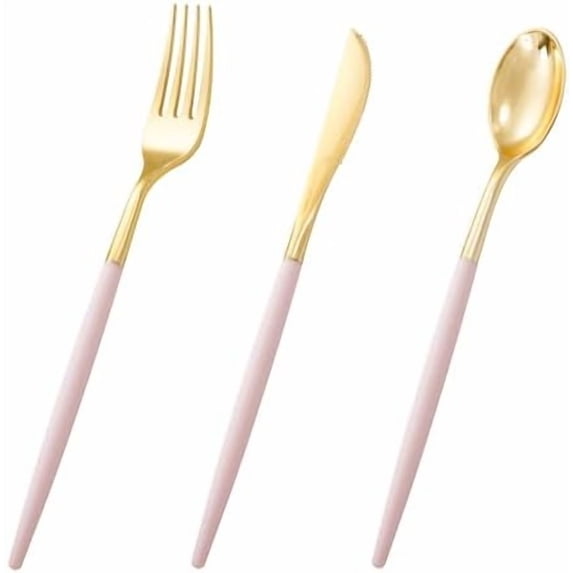 60 Pack Pink Plastic Silverware,Gold Disposable Flatware with Pink ...